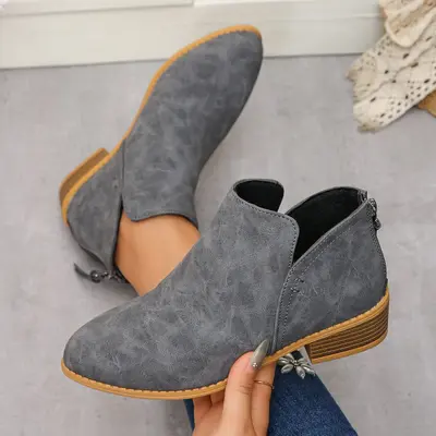 Pointed-Toe Back Zip Short Martin Boots Women's Plus Size Genuine Leather - 3