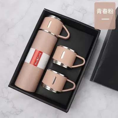 304 Stainless Steel Thermos Cup Set, Straight Body, 1 Cup 3 Lids - 12