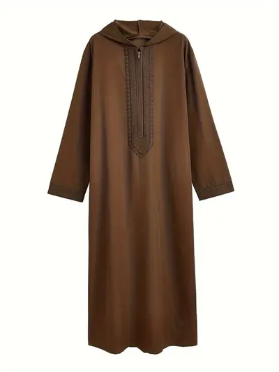 Men's Hooded Moroccan Caftan with Embroidery, Loose Long Shirt - 6
