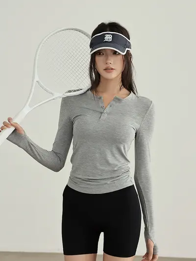 Damen Langarm-Yoga-Shirt mit Stehkragen, figurbetont, Fitnessbekleidung