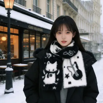 Women's Winter Scarf, Black and White Double-Sided Cat Design, Faux Mink - 8