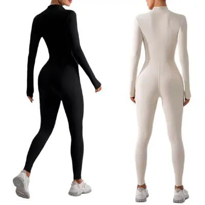 Amazon Cross-border Zipper Bare-Feel Tight Fleece-Lined Autumn Winter Jumpsuit Warm One-Piece Yoga Suit Thermal Bodysuit Running Fitness Wear - 5