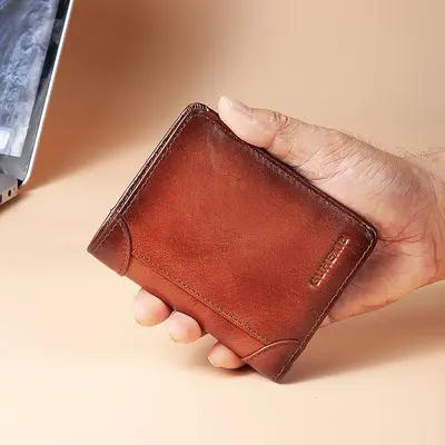 Men's Genuine Leather Short Wallet, Top-Grain Cowhide, Ultra-Thin Retro Driver's License H - 3