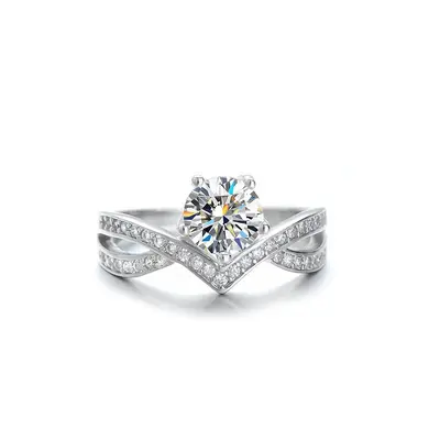 S925 Sterling Silver Moissanite Crossed Crown Ring, 1 Carat D Color VVS, Platinum-Plated