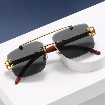Frameless Square Sunglasses, Leopard Print, Wood-Grain Temples, UV Protection - 2