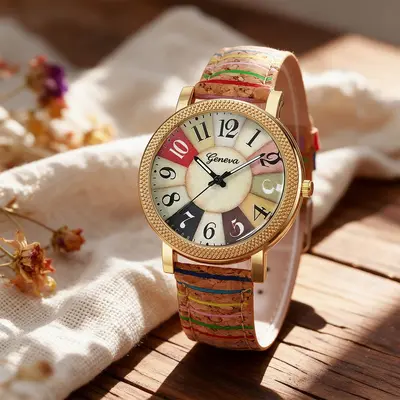 Women's watch, wooden grain leather strap, digital display - 10