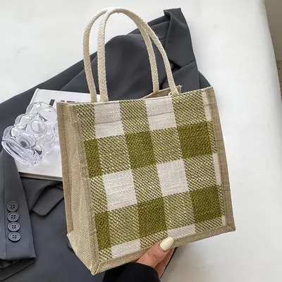 Kadın jüt kumaş el çantası, retro keten alışveriş çantası - 12