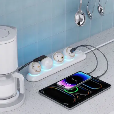 2025 yeni Alman tarzı masaüstü priz çoklayıcı 360 derece dönen ortam ışığı çocuk korumalı alt kontrol anahtarı USB soketi - 7