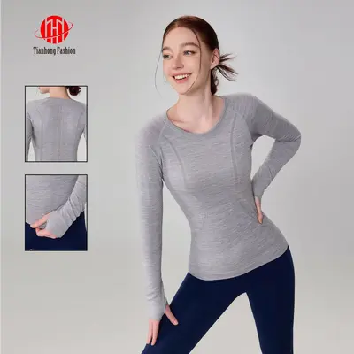 Damen-Yogashirt, nahtlos, Langarm, Rundhals, hohe Elastizität - 2