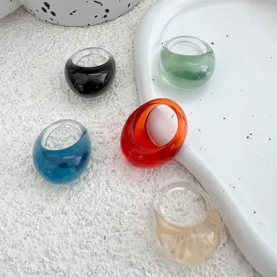European and American cross-border transparent colored resin ring niche retro stacked curved wide finger ring - 5