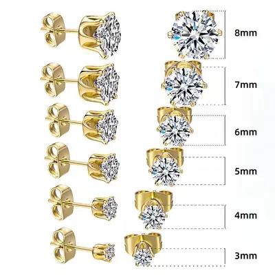 Stainless Steel Stud Earrings, Six-Claw, Zirconia Crown - 9