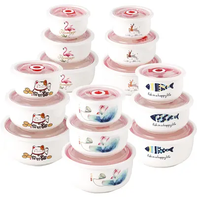 Three-piece ceramic fresh-keeping bowl set, sealed bowl, gift bowl set, gift box, wedding sales, wholesale custom LOGO printing