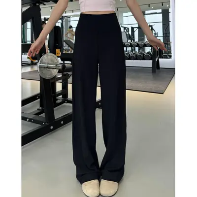 墨绿色速干瑜伽直筒裤女夏新款宽松高腰瑜伽健身小个子薄款运动裤 - 9