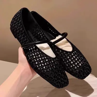 Retro Woven Roman Square Toe Women's Flat Shoes, Single Strap, Cut-Out Design