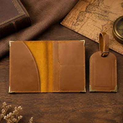 Crazy Horse Leder Reisepass-Tasche mit Vintage Gepäckanhänger - 2