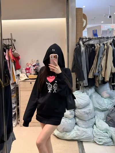 Kadın Kapüşonlu Sweatshirt Kalp Çöp Adam Baskılı Bol Kesim Cepli