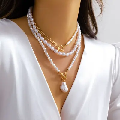 Grenzüberschreitender Schmuck aus Europa und Amerika, modische lange Perlenketten-Stacking-Halskette, Retro-Stil personalisierte Perlenunkraut-Spange Halskette - 12