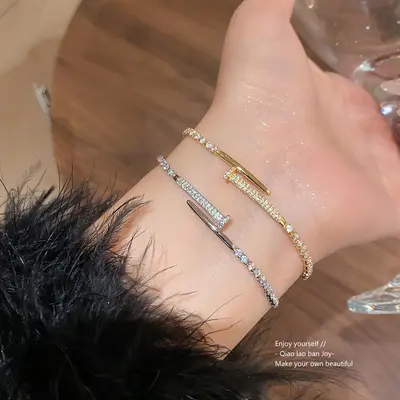 真金电镀锆石钉子几何可调节手链简约高级气质手环通勤珠子百搭
