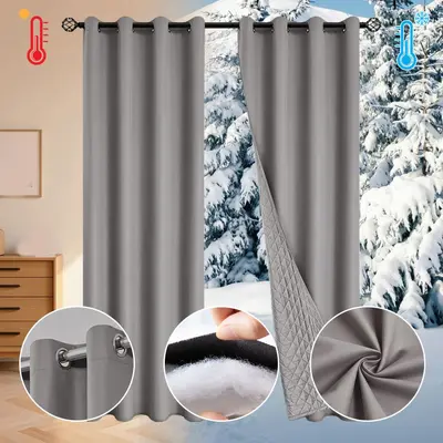Thermal Insulated Full Blackout Cotton-Lined Curtain, Windproof - 2