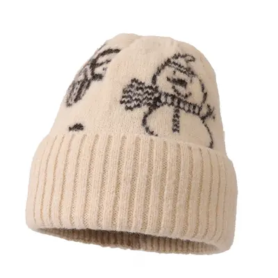 Вязаная шапка для девочек с жаккардовым узором «Снеговик» из шерсти, бини в повседневном стиле, теплая шапка с защитой ушей, ветрозащитная шапка в женском стиле
