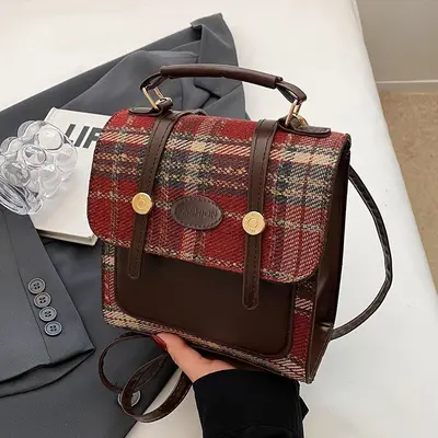 Preppy-Stil Rucksack für Frauen, Nischen-Rucksack, 2025 neue einfache Karo-Schultasche, englischer Stil Damen-Handtasche für den Arbeitsweg - 7