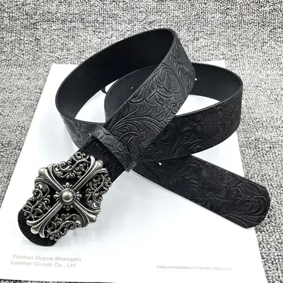 American Vintage Cross Metal Buckle Belt Unisex Kro New Design Y2K Black Embossed Leather Belt - 8