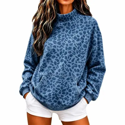 Women's Leopard Print High-Neck Sweatshirt, Loose Fit, Long Sleeve, Autumn Winter - 9