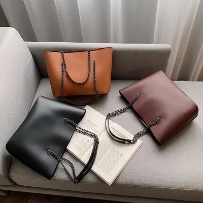 Soft Leather Large-Capacity Women's Tote Bag with Chain Shoulder Strap - 3