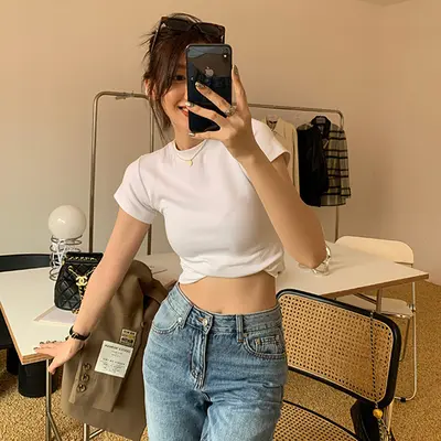 Schmales Kurzarm-T-Shirt für Frauen im Grenzverkehr, koreanischer Stil, neue Außenhandelskollektionen dünne kurze Mode-Oberteile für Frauen, modisch angepasster Großhandel. - 6