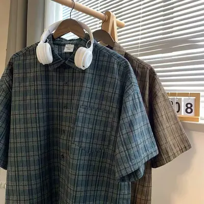 Unisex Sommerhemd mit Kurzarm und Karomuster, koreanischer Stil