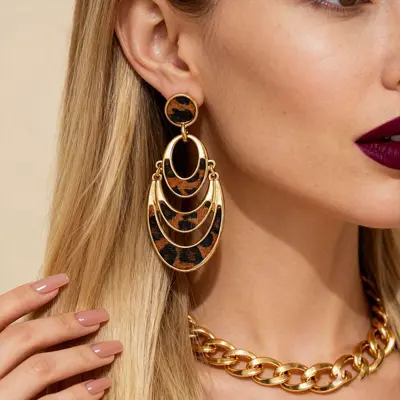 Leopard print earrings with faux horsehair, multi-layer design - 2