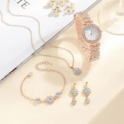 Damen-Quarzuhr-Set, Roségold, Diamantdesign, Geschenkbox