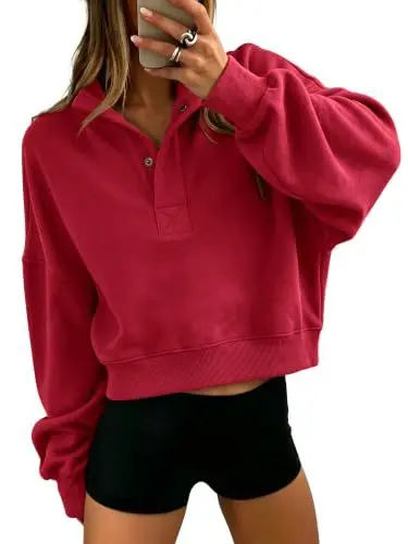 Henley Yaka Uzun Kollu Sweatshirt, Yumuşak ve Rahat Kesim, Sonbahar Kış - 12