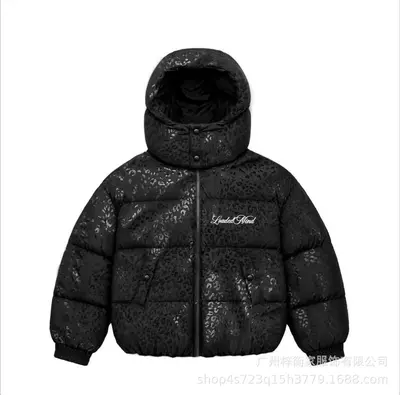Women's Black Leopard Print Hooded Short Winter Coat, Waterproof Thick Cotton Jacket - 7