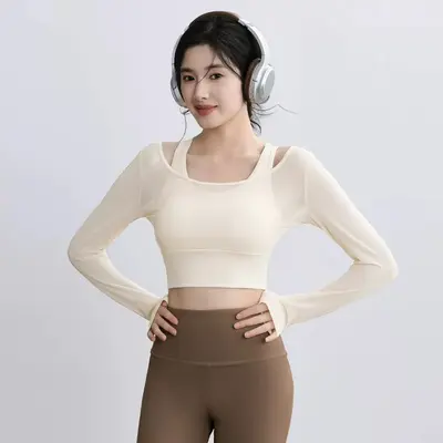 瑜伽服健身套装女网纱拼接长袖上衣高腰紧身长裤跑步运动套装春秋 - 7