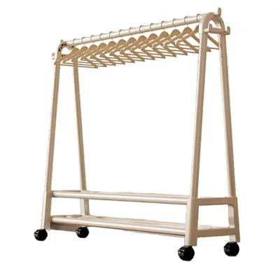 Bedroom Coat Rack Floor-Standing Household Cream Style Mobile Clothes Hanger Stand Wrought Iron Space-Saving Clothing Storage Rack Thickened
