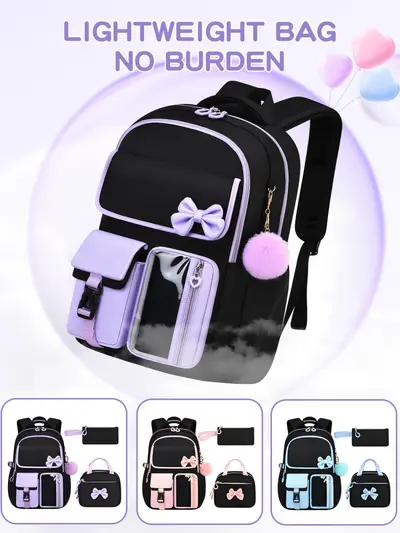 Amazon Best-selling High-capacity Bow Tie Three-piece Set Schoolbag for Girls, Junior and Senior High School and College Students, Backpack - 3