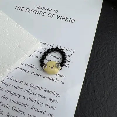 Women's Alloy Ring with Black Glass Beads and Puppy Charm, Korean Style - 7