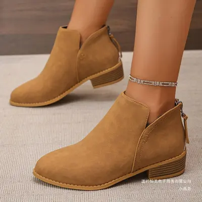 Pointed-Toe Back Zip Short Martin Boots Women's Plus Size Genuine Leather - 5