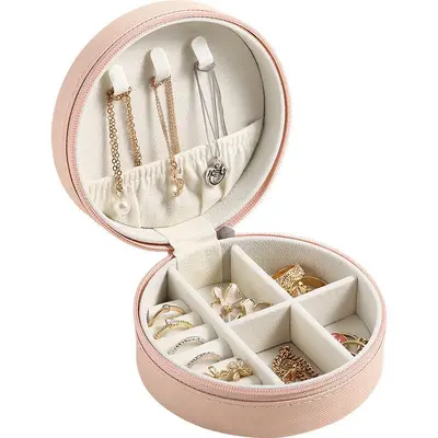 Runde Mini-Schmuckbox, elegante Schmuckschatulle, hochwertige tragbare Aufbewahrungsbox für Ohrringe, Halsketten und Ringe für Reisen - 5