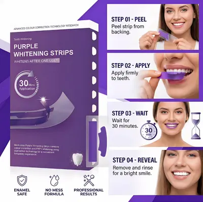 V34 Purple Teeth Whitening Strips, Long-Lasting Whitening, Fresh Breath - 5