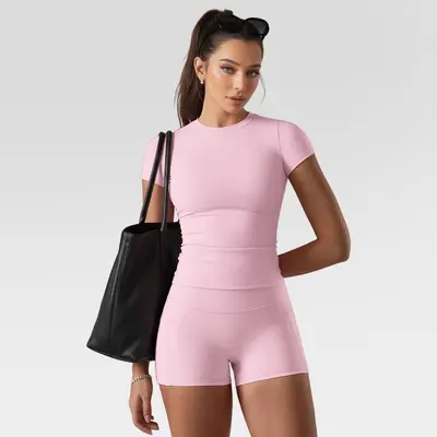 Solid Color Brushed Crew Neck Quick-Dry Yoga Set - 7