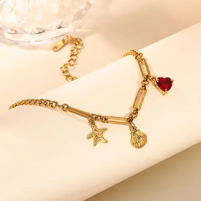 Ocean Series Starfish Heart 18K Gold Plated Stainless Steel Anklet