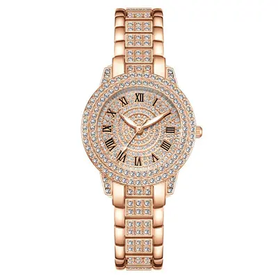 Women's diamond-studded quartz watch with Roman numerals and bracelet design