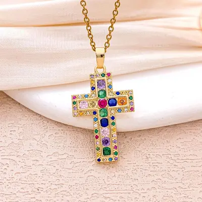 Kreuz-Halskette mit farbigen Zirkonia, Damen-Modeschmuck - 13