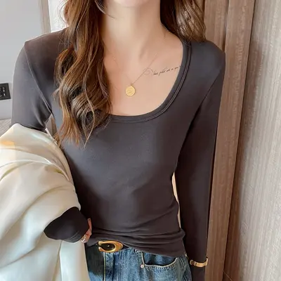 Q2026 Modal Brushed Long-Sleeve Large U-Neck Slim Base Layer Top for Women - 10