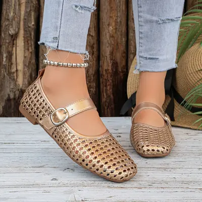 Women's Hollow Mary Jane Shoes, Woven Detail, Square Toe, Flat Sole