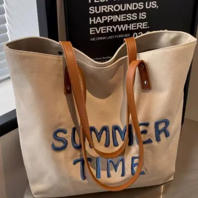 Women's Embroidered Letter Canvas Tote Bag, Large Capacity, Single Shoulder