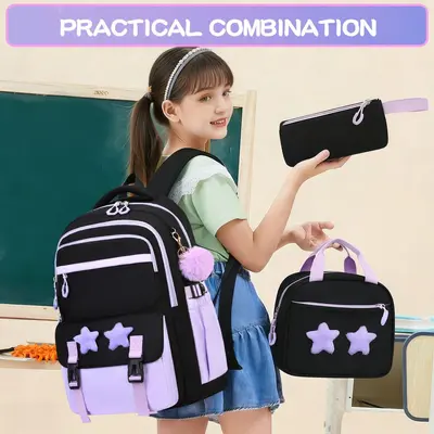 Waterproof Girls' School Backpack Set of 3, Large Capacity - 5