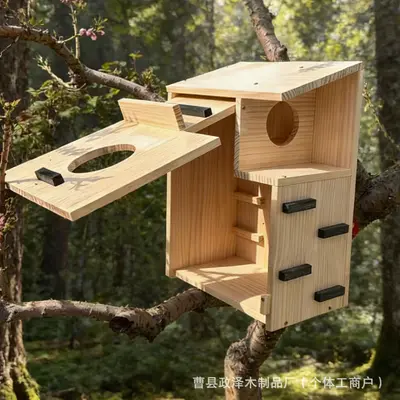 Hanging Wooden Squirrel House with Viewing Window and Nut Feeder